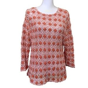 Pink/white crochet sweater with flowers, peasantcore, cottagecore, medium